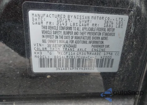 2019 Nissan Sentra Sr from USA, damaged, VIN 3N1AB7AP7KY434480